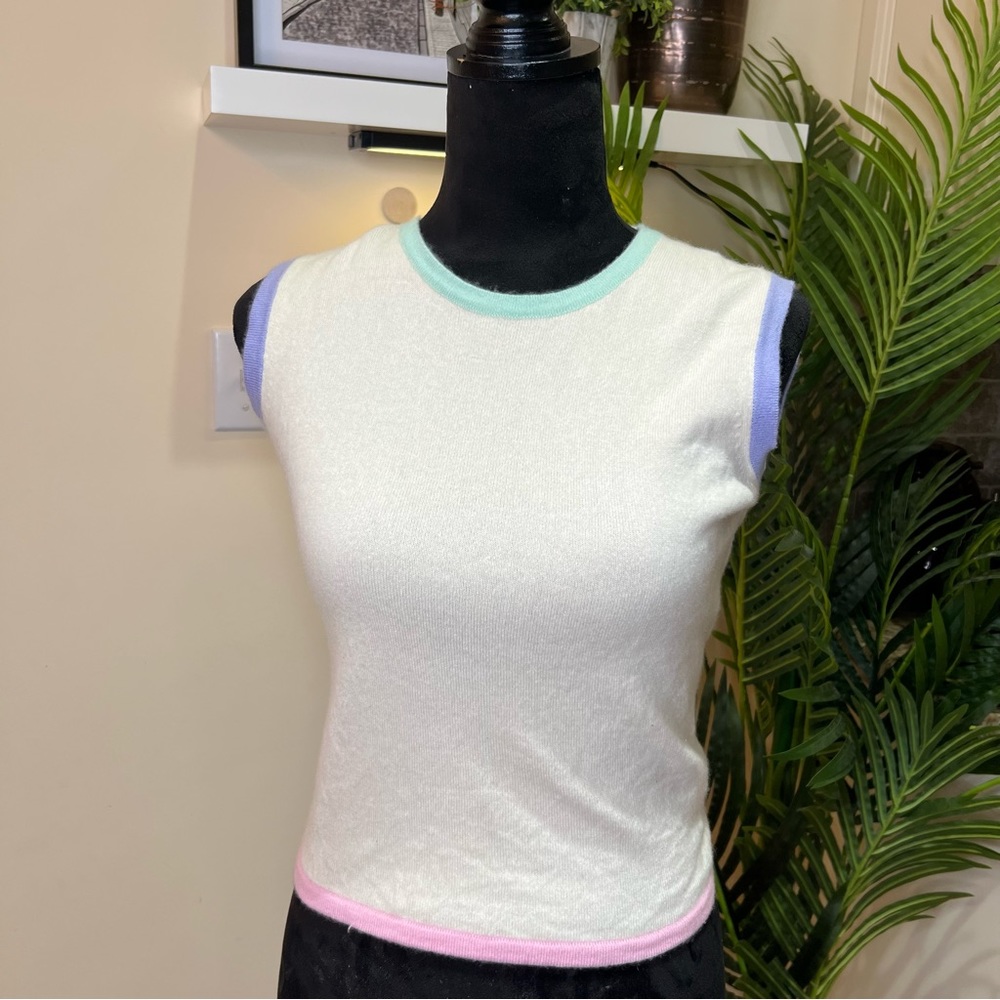 CHANEL Cashmere VTG 98' Cream Sweater Color Trim Sleeveless Sweater Top 40FR